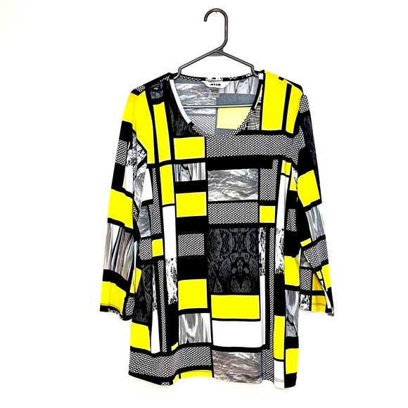 Alia vintage long-sleeve blouse with black and yellow dot pattern. Xl - Picture 1 of 5